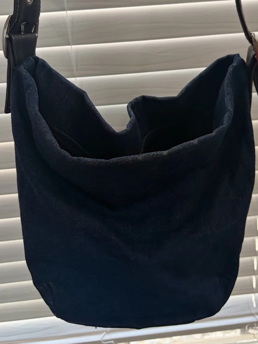 Vintage Y2K Faded Glory Navy Canvas Shoulder Bag with Black Leather Strap